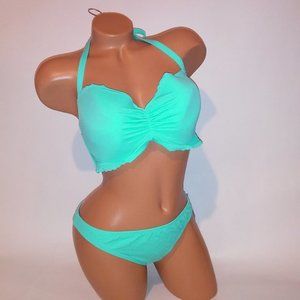 Victoria Secret Swim Bikini 38D Top Large Bottom Aqua Seafoam Glow Scallop Trim